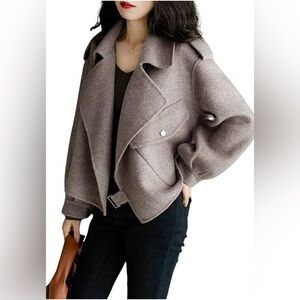 utcoco Cropped Wool Notched Lapel Pea Coat Open Front Overcoat Jacket withPocket